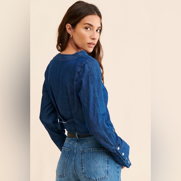 🎉LAST PIECE🎉 Free People Caroline Blouse Top Corset Long Sleeves Denim - Picture 3 of 8